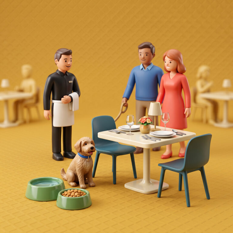 Cane accolto al tavolo di un ristorante pet-friendly con ciotola d'acqua