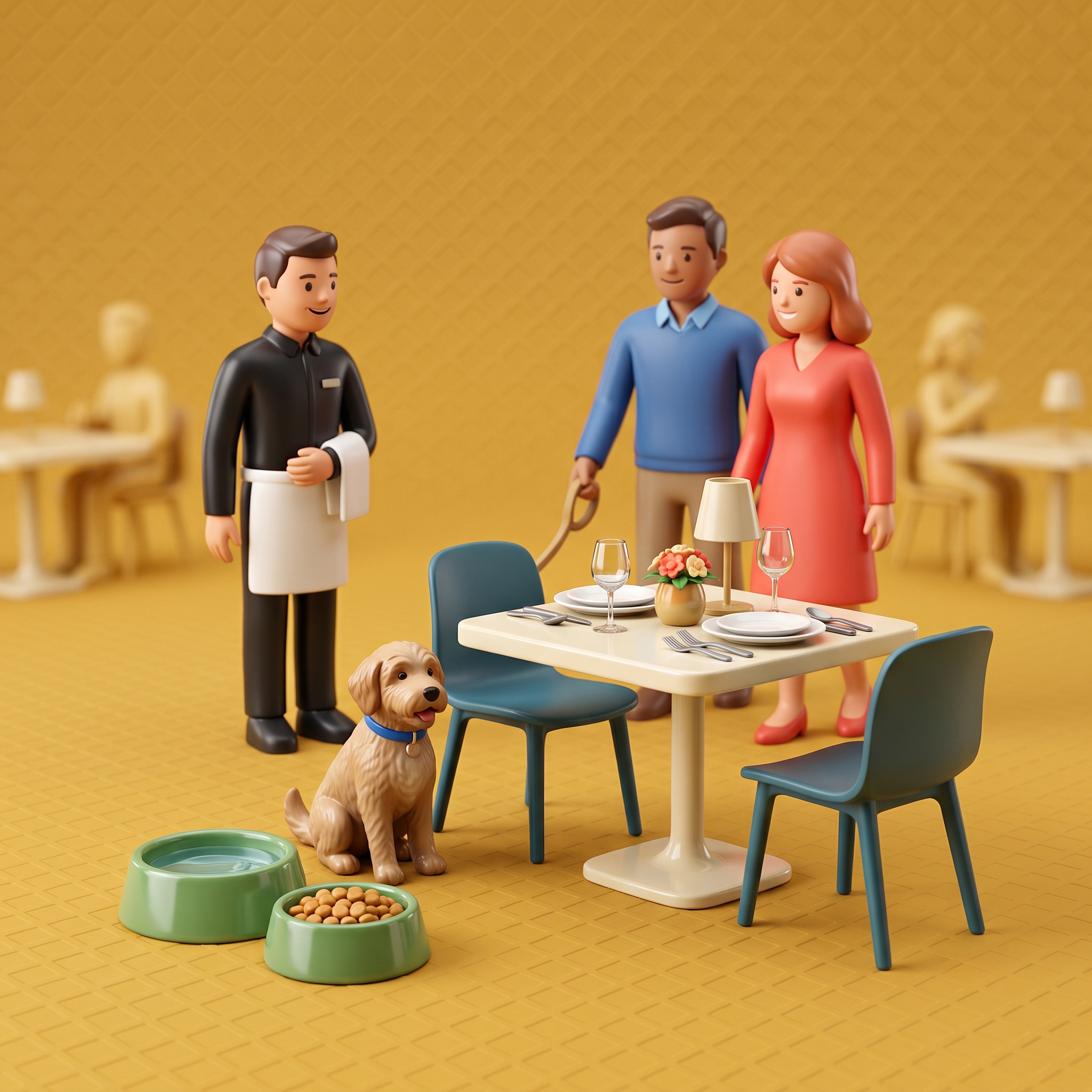Cane accolto al tavolo di un ristorante pet-friendly con ciotola d'acqua