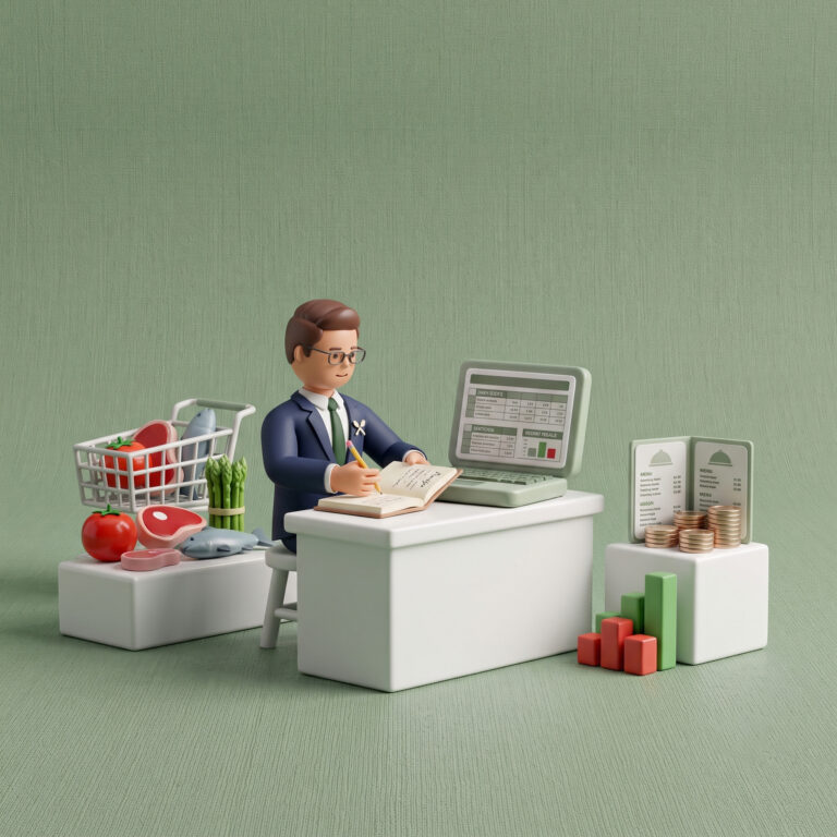 Ristoratore che calcola il food cost del ristorante con un foglio Excel