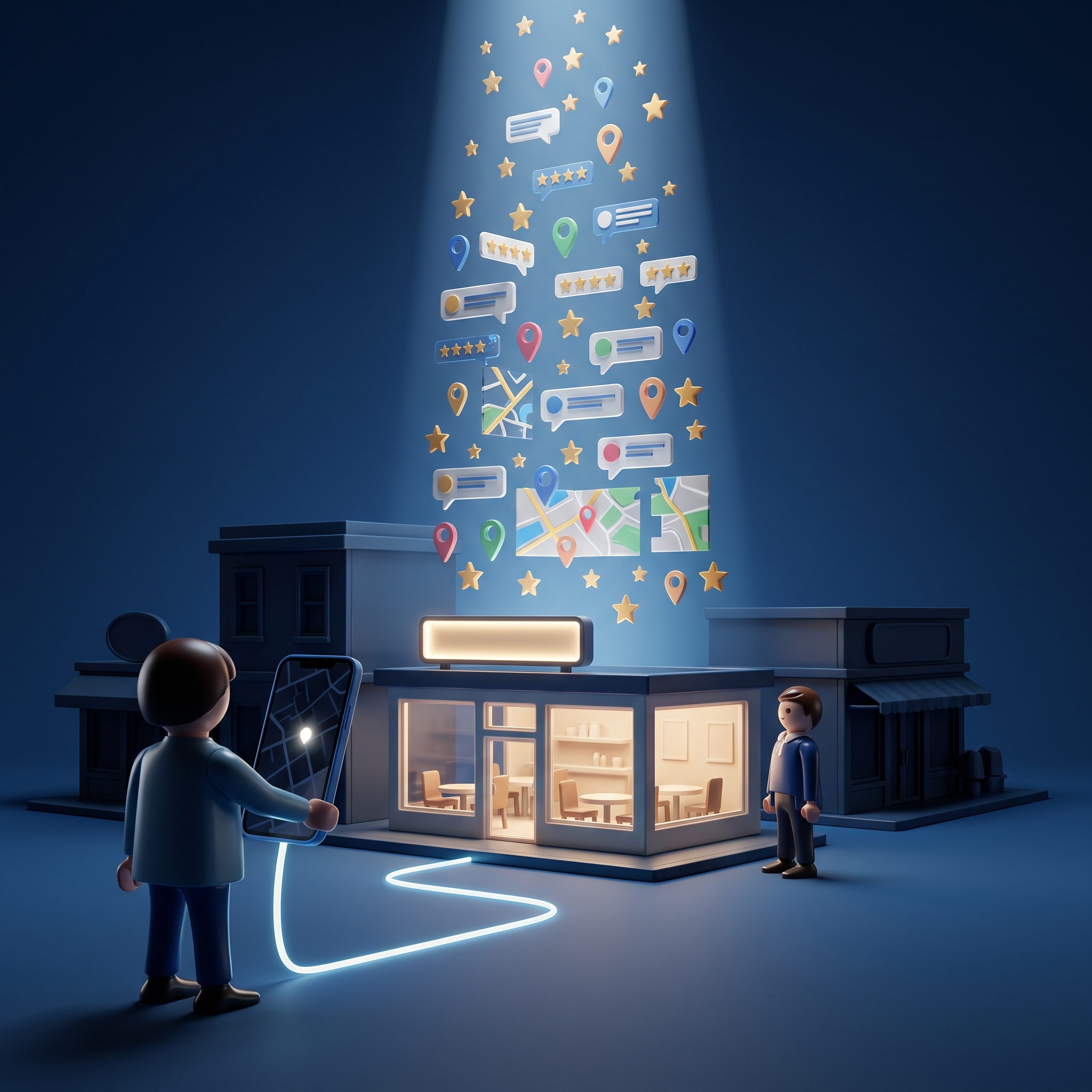 Illustrazione 3D: recensioni ristorante su Google Maps e Tripadvisor guidano i clienti verso un locale
